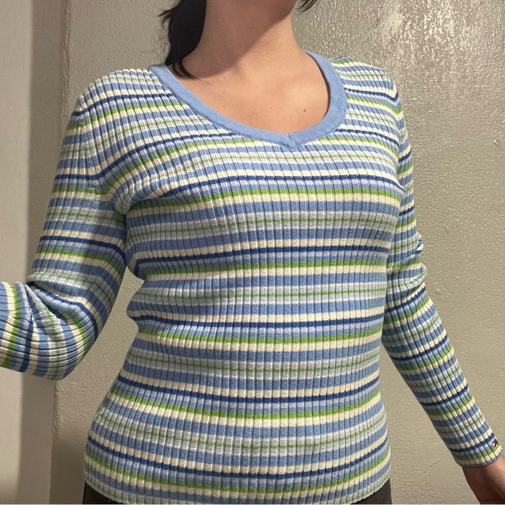 Striped V-Neck Sweater - Blue, Green, White